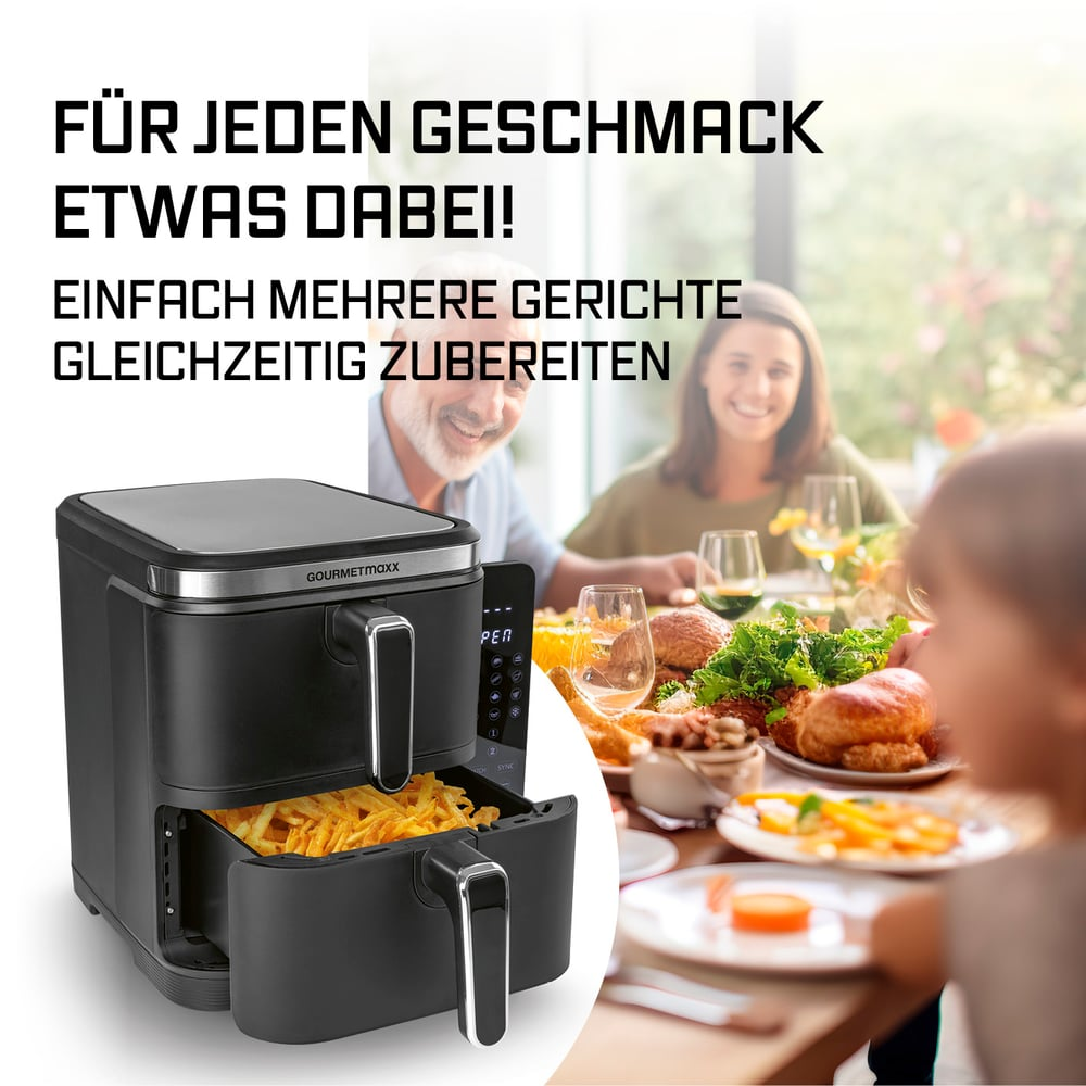 Ein Airfryer mit Pommes im Vordergrund. Im verschwommenen Hintergrund eine Familie am Tisch mit Essen.