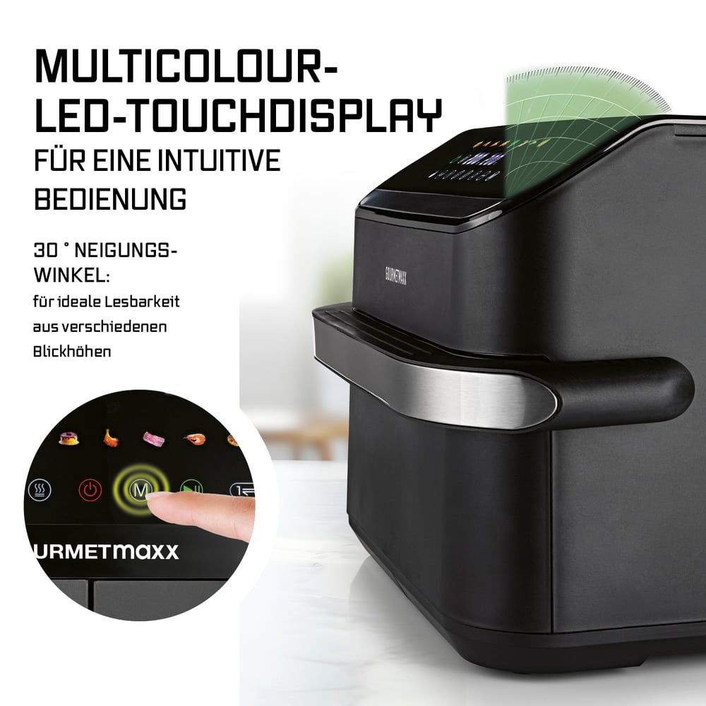 Ein schwarzer Luftfritteuse mit Touch-Display. Eine Hand berührt das M-Symbol. Text links beschreibt die Produktmerkmale.
