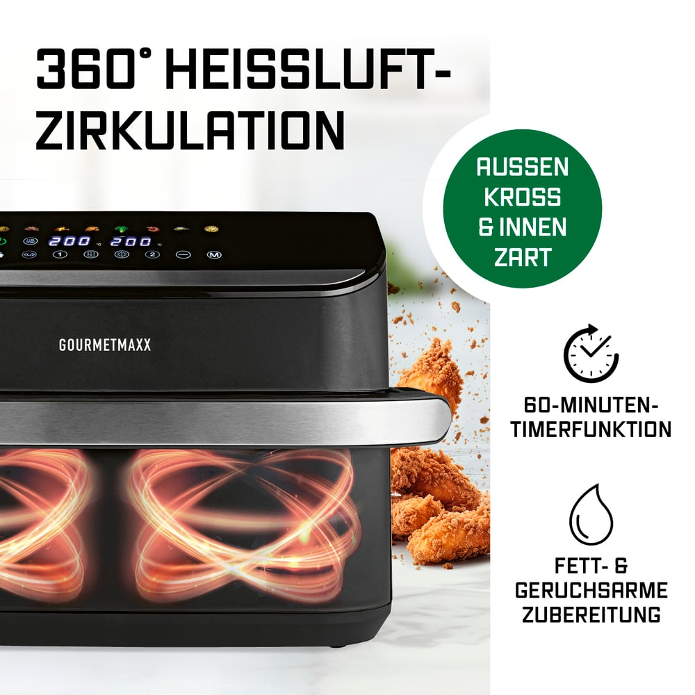 Eine Heißluftfritteuse mit Text '360° HEISSLUFT-ZIRKULATION'. Es gibt ein Bild von gebratenem Hähnchen und Produktmerkmale.