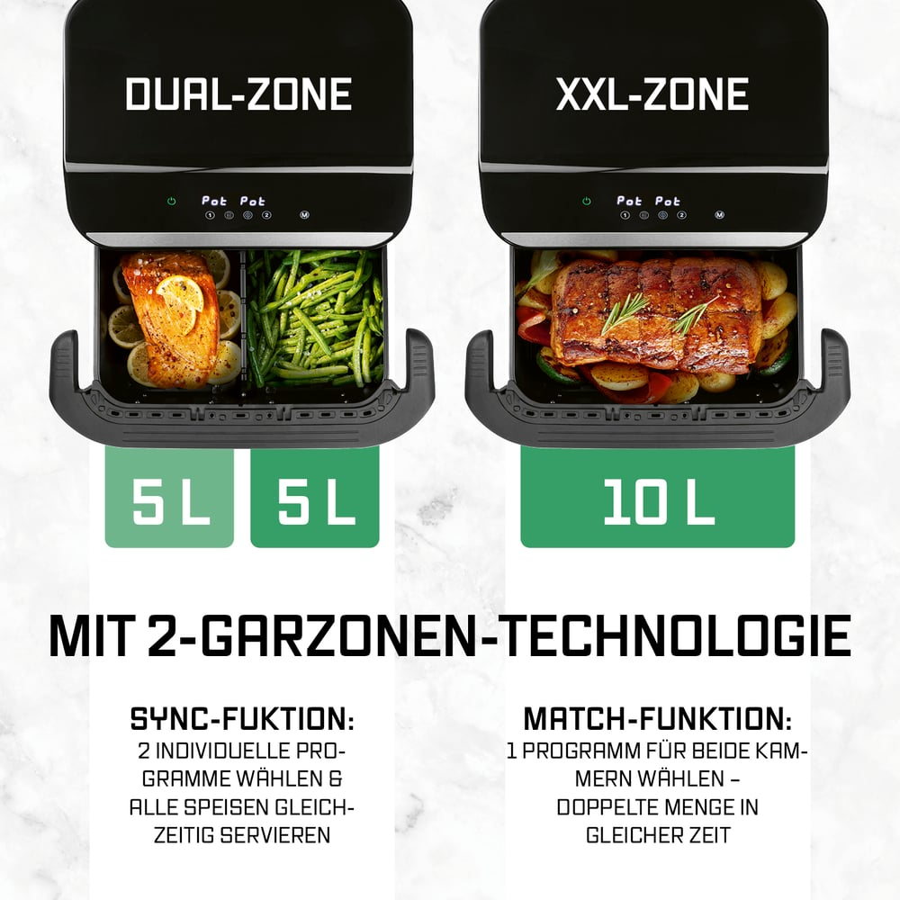 Eine Heißluftfritteuse mit zwei Kochzonen. Eine Seite hat Lachs und die andere grüne Bohnen. Die andere Seite hat einen Braten.