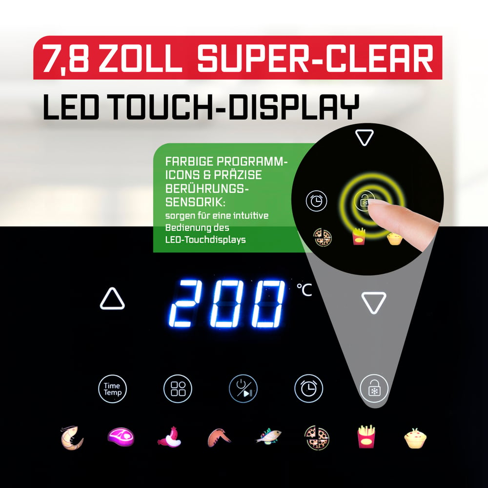 Nahaufnahme eines Digitaldisplays mit einem Finger, der ein Schloss-Symbol berührt. Das Display zeigt Temperatur, Symbole und Text auf Deutsch.