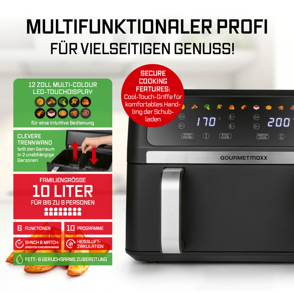 Schwarze Heißluftfritteuse mit Digitalanzeige und Bedientasten. Text beschreibt Funktionen.
