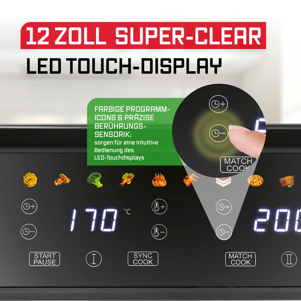 Nahaufnahme eines Geräte-Displays. Es zeigt Temperatureinstellungen, Kochoptionen und eine Touchscreen-Oberfläche. Das Display ist schwarz mit weißem Text.