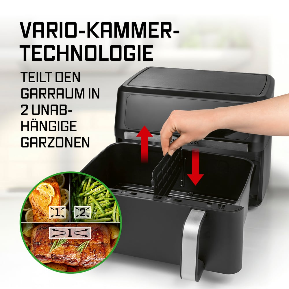 Eine Heißluftfritteuse mit Lebensmittelproben. Eine Hand setzt einen Teiler ein. Text: VARIO-KAMMER-TECHNOLOGIE. Teilt den Garraum in 2 Zonen.