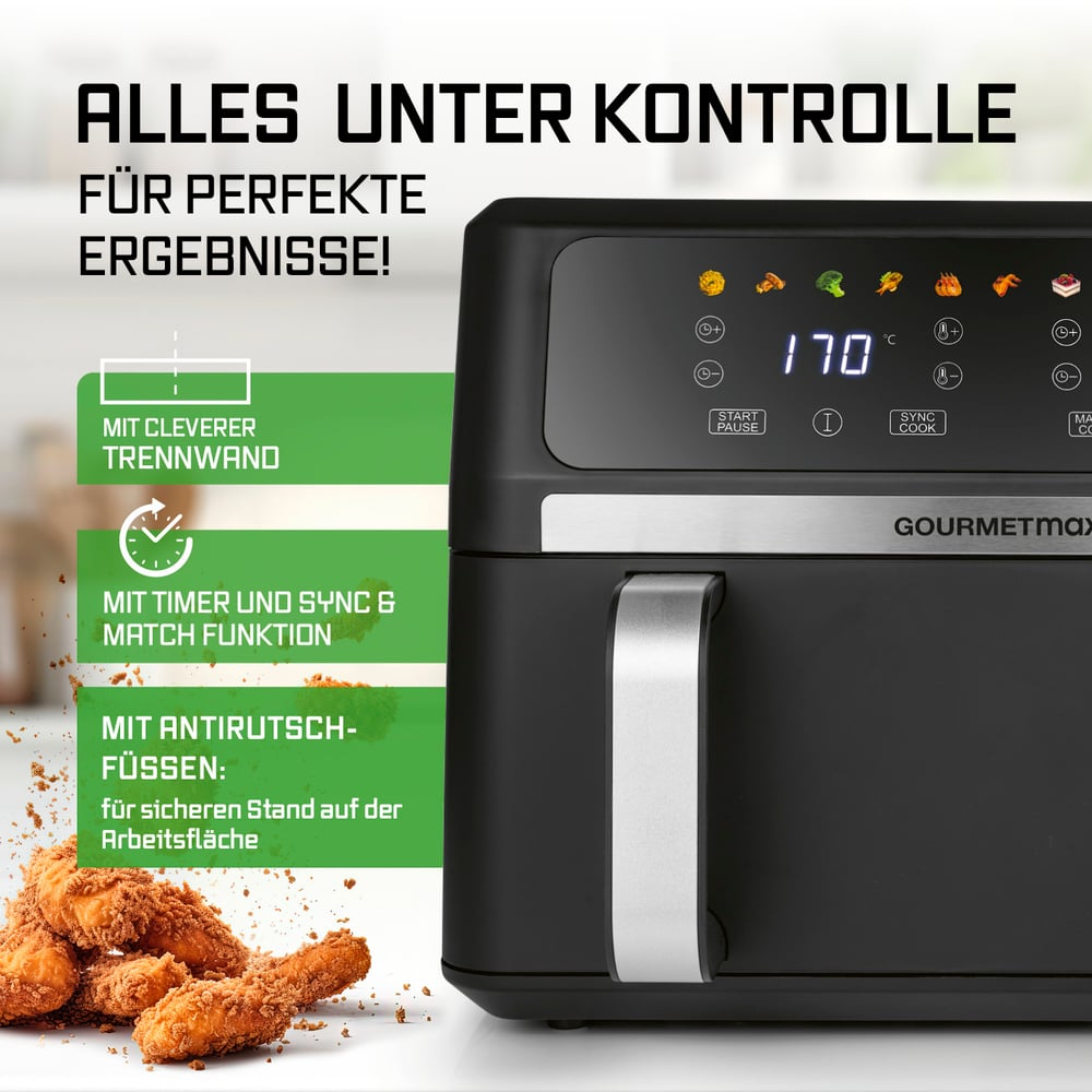 Eine Heißluftfritteuse mit Digitalanzeige, die 170 Grad Celsius anzeigt. Davor, gebratenes Hähnchen. Text: Alles unter Kontrolle, GourmetMax.