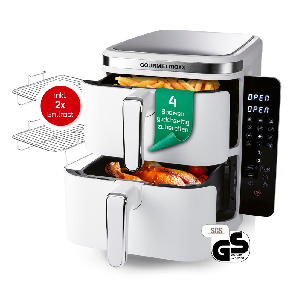 Ein weißer und silberner Airfryer mit zwei Schubladen, eine mit Pommes Frites und die andere mit Brathähnchen. Inklusive Grillroste.
