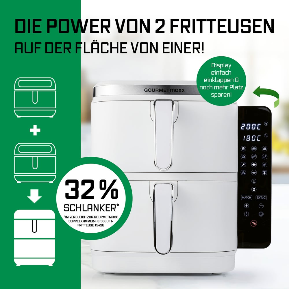 Eine Heißluftfritteuse mit zwei Fächern, einem Bedienfeld und Text. Das Bild zeigt, dass die Friteuse 32 % schlanker ist als andere.