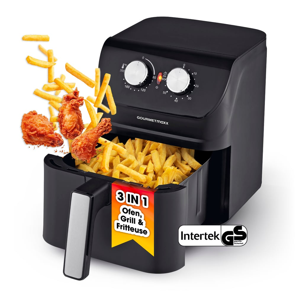 Schwarze Heißluftfritteuse mit Pommes, gebratenem Hähnchen. Sie hat Drehregler und einen Griff. '3 in 1' Label sichtbar.