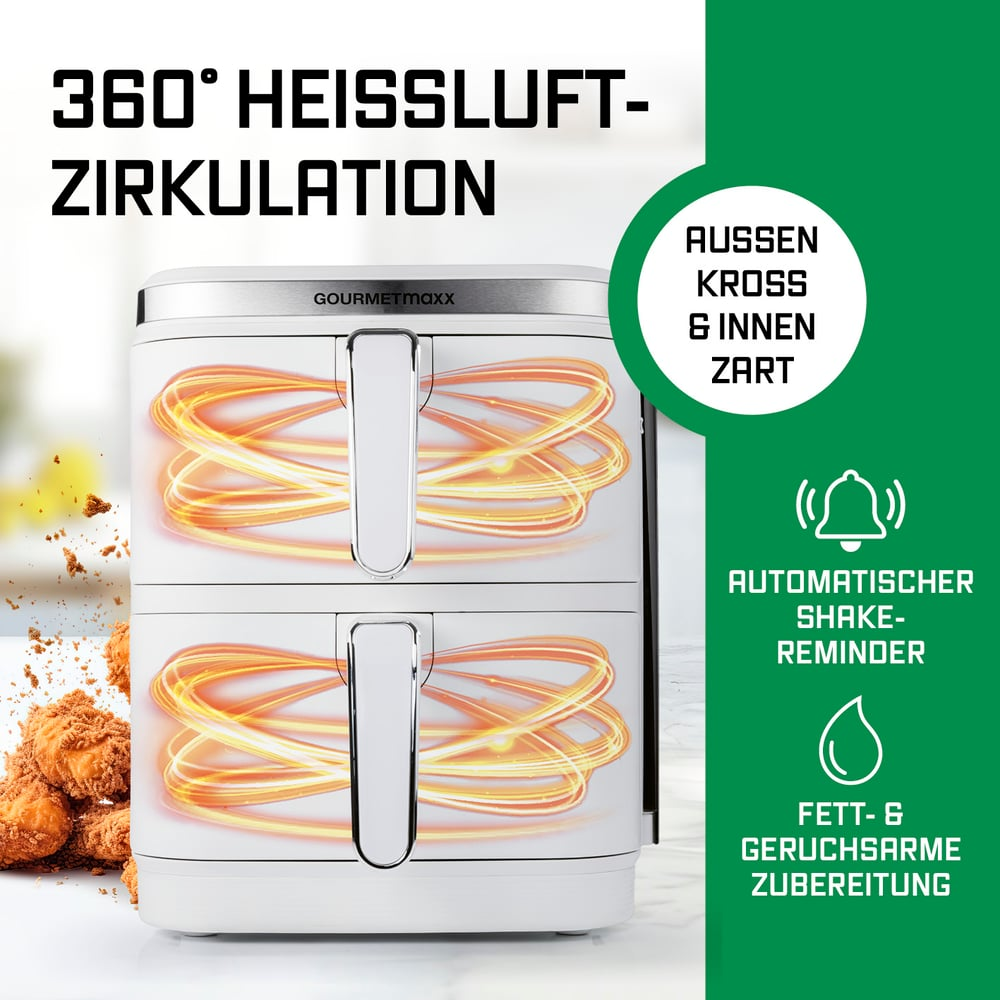 Weißer Heißluftfritteuse mit orangefarbenen Hitzewirbeln. Text lautet '360° HEISSLUFT-ZIRKULATION'. Grünes Panel mit Text, Icons und frittiertem Essen.