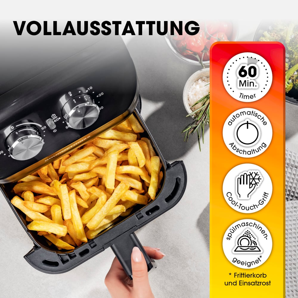 Eine Heißluftfritteuse mit Pommes Frites. Eine Hand hält den Griff. Text zeigt Timer, automatische Abschaltung, Cool-Touch und spülmaschinenfest.