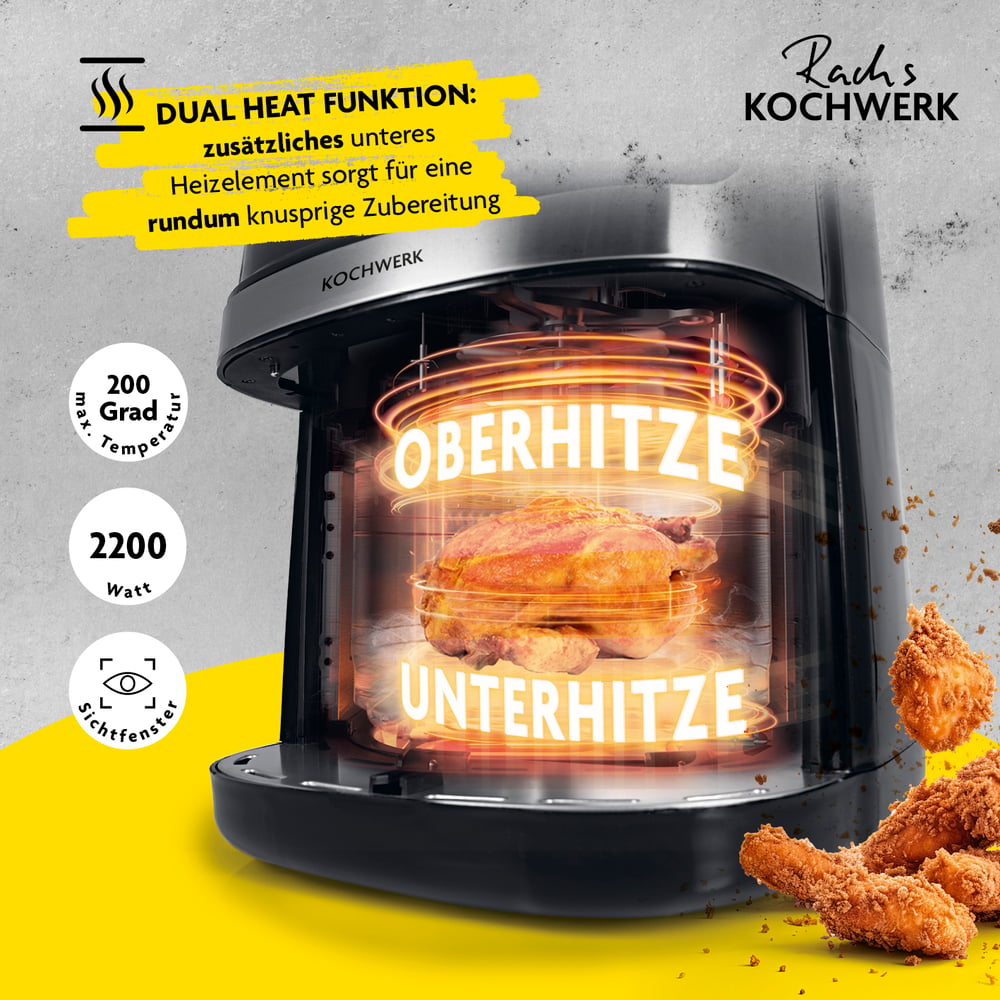 Heißluftfritteuse mit Hähnchen. Zeigt 'Oberhitze' und 'Unterhitze' mit Text zur Doppelheizfunktion. Gebratene Hähnchenstücke werden gezeigt.