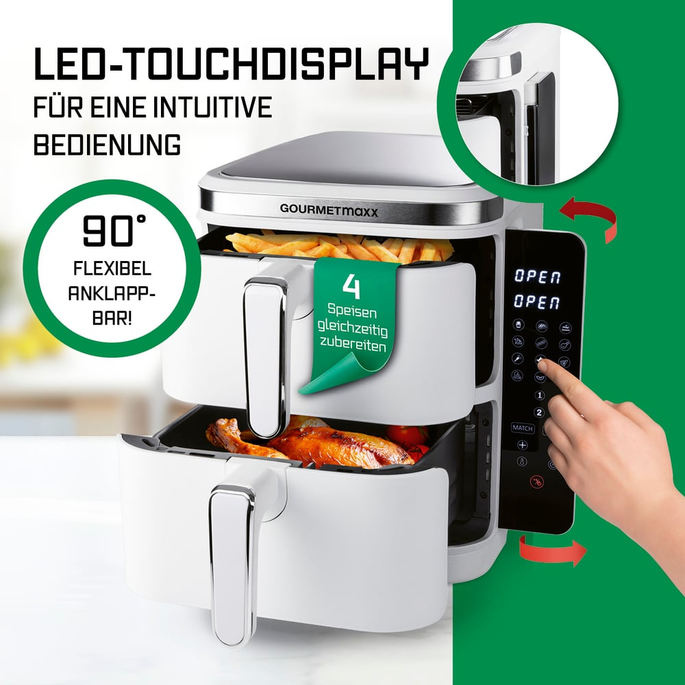 Eine weiße Heißluftfritteuse mit Pommes und Hähnchen. Eine Hand berührt den Touchscreen mit dem Wort OPEN. Das Gerät hat das GOURMETmaxx Logo.