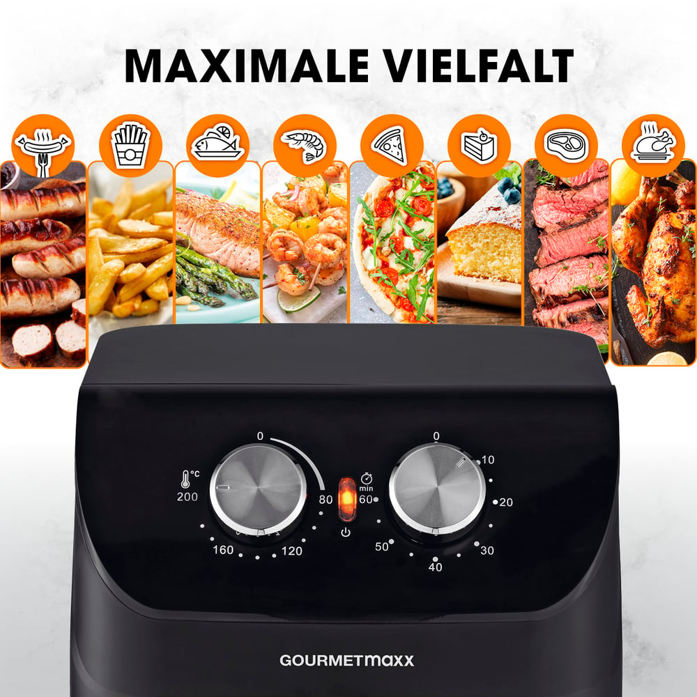 Schwarze Gourmetmaxx-Heißluftfritteuse mit Essenssymbolen. Drehregler für Temperatur und Zeit. Verschiedene Essensoptionen sind abgebildet.