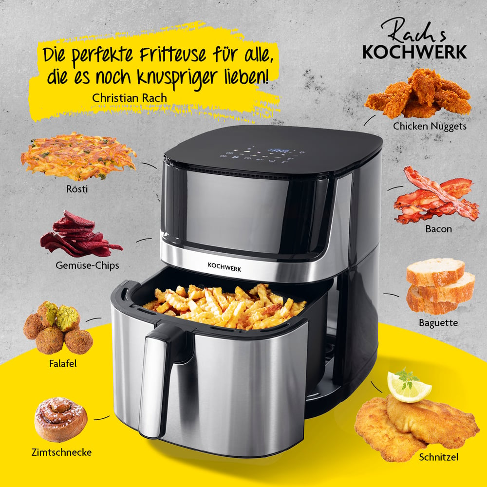 Eine Heißluftfritteuse mit verschiedenen Speisen: Pommes, Nuggets, Speck, Schnitzel und mehr. Gelber Text sagt 'Die perfekte Fritteuse'.