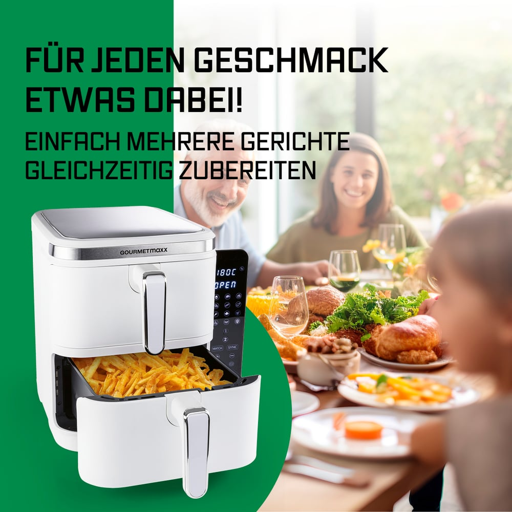 Ein Airfryer mit Pommes steht im Vordergrund. Im Hintergrund isst eine Familie. Text oben: Für jeden Geschmack etwas dabei!