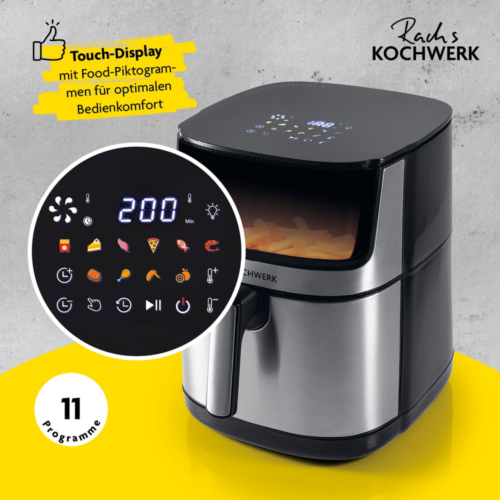 Ein Airfryer mit Touch-Display, das 200 Grad, Lebensmittel-Piktogramme und 11 Programme anzeigt. Das Gerät ist schwarz und silber.