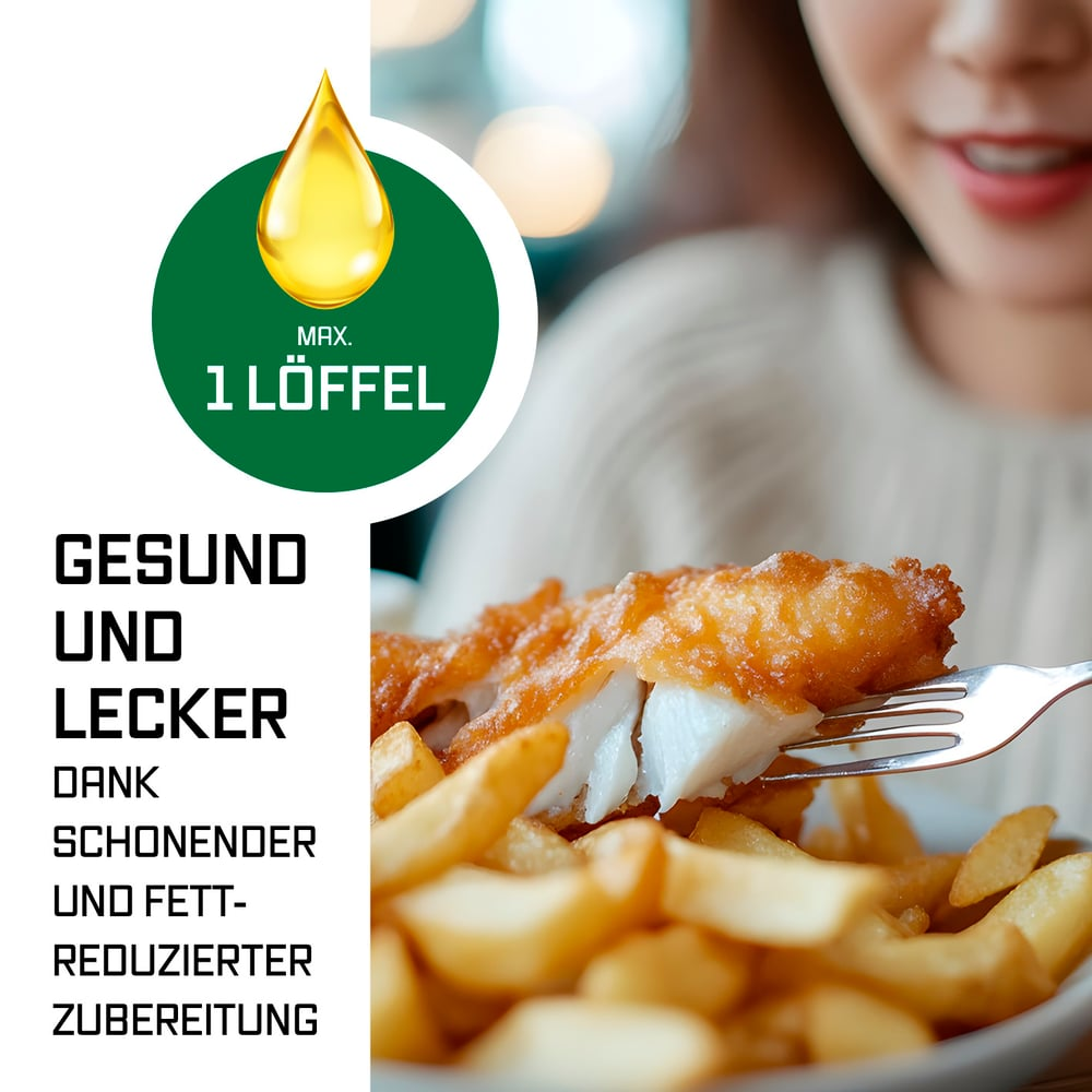Eine Person isst Fish and Chips. Ein grüner Kreis mit einem Öltropfen und Text befindet sich oben links.
