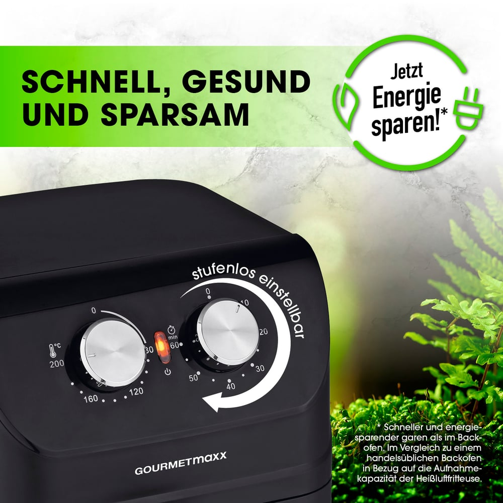 Schwarze Heißluftfritteuse mit Drehknöpfen und deutschem Text. Grüner Text sagt 'Schnell, gesund und sparsam'. Ein grünes Energiesparlogo wird gezeigt.