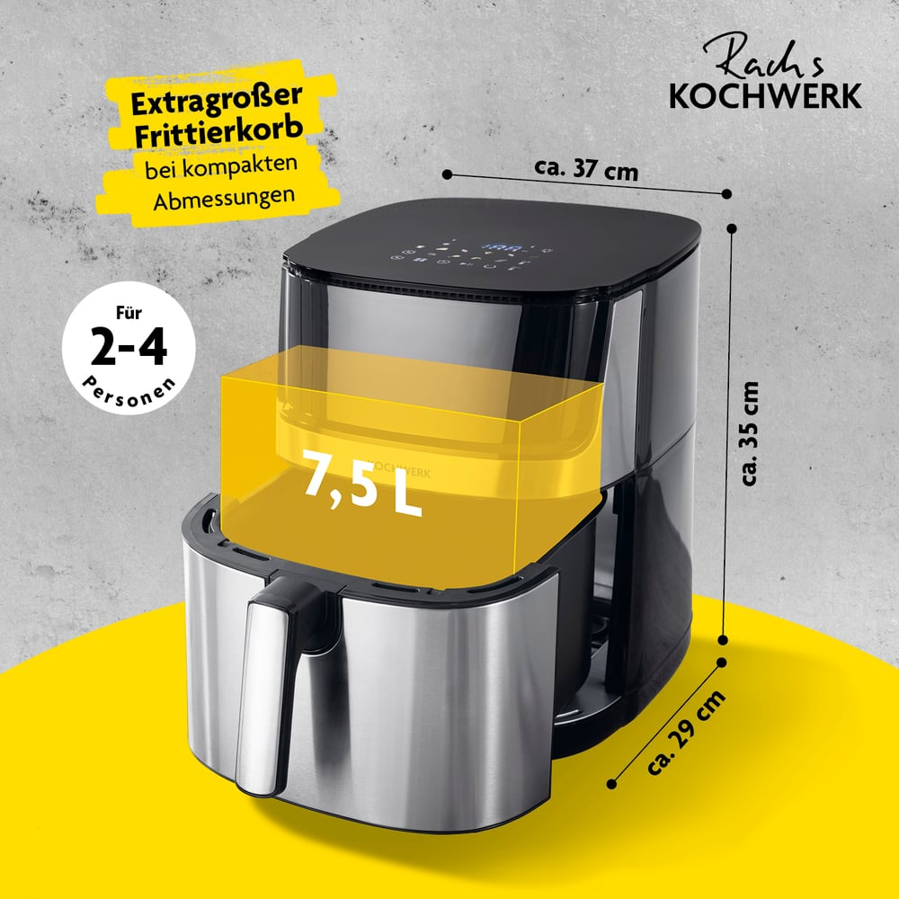 Ein Airfryer mit schwarzem Oberteil und silberner Basis. Der Text weist auf ein Fassungsvermögen von 7,5 l für 2-4 Personen hin.