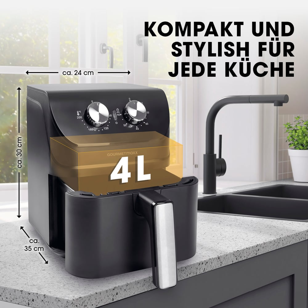 Ein schwarzer Airfryer mit Knöpfen und einem Griff auf einer Küchenarbeitsplatte. Text: kompakt und stilvoll für jede Küche. 4L.