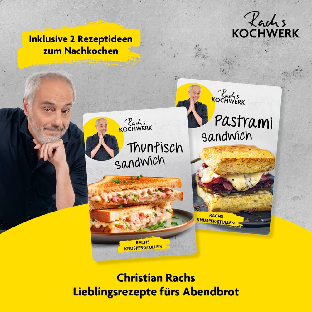Mann lächelt, zwei Sandwichkarten: Thunfisch und Pastrami. Text: "Christian Rachs Lieblingsrezepte fürs Abendbrot".
