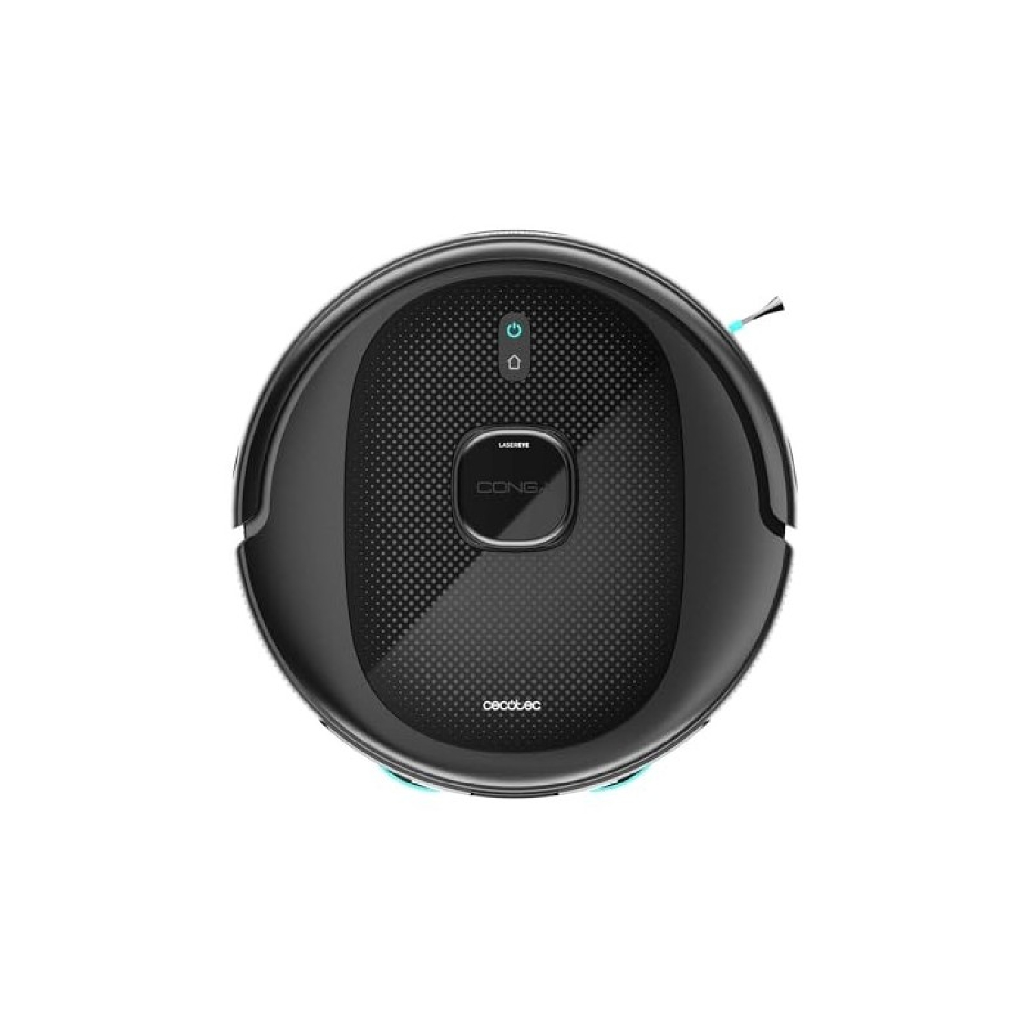 Una aspiradora robot negra. Tiene forma redonda con botones y un panel central. La marca es visible.