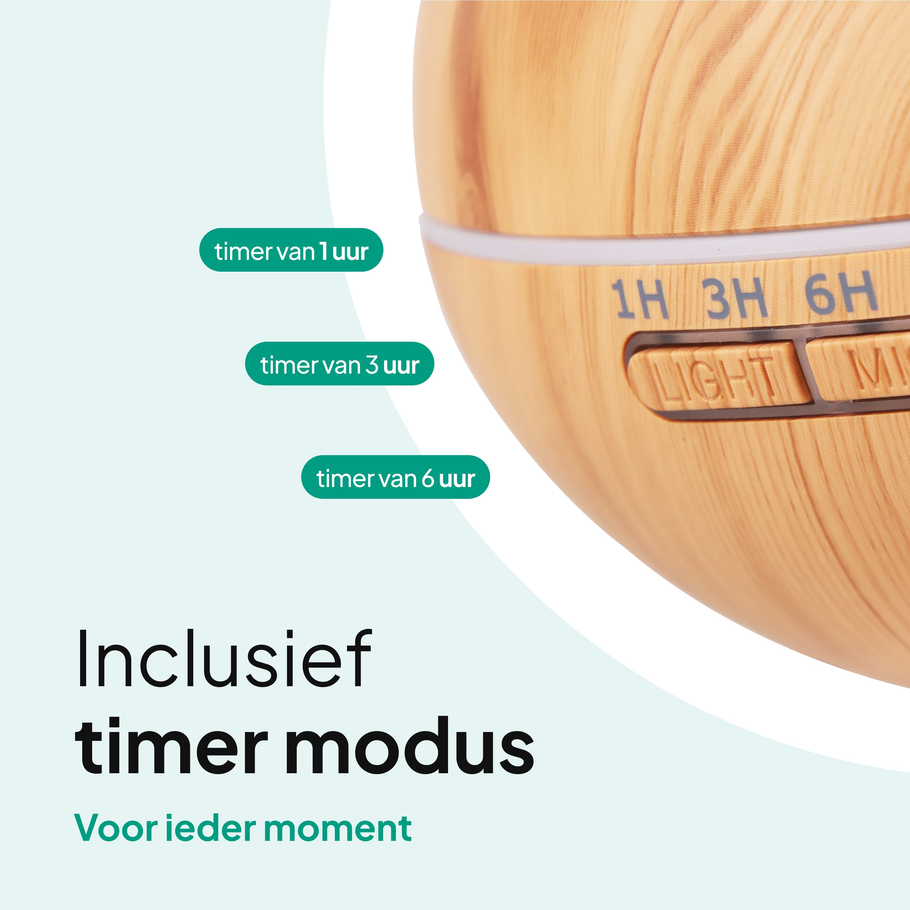 Houten aromaverspreider met timeropties: 1H, 3H, 6H. Tekst bevat 'timer modus' en 'Voor ieder moment'.