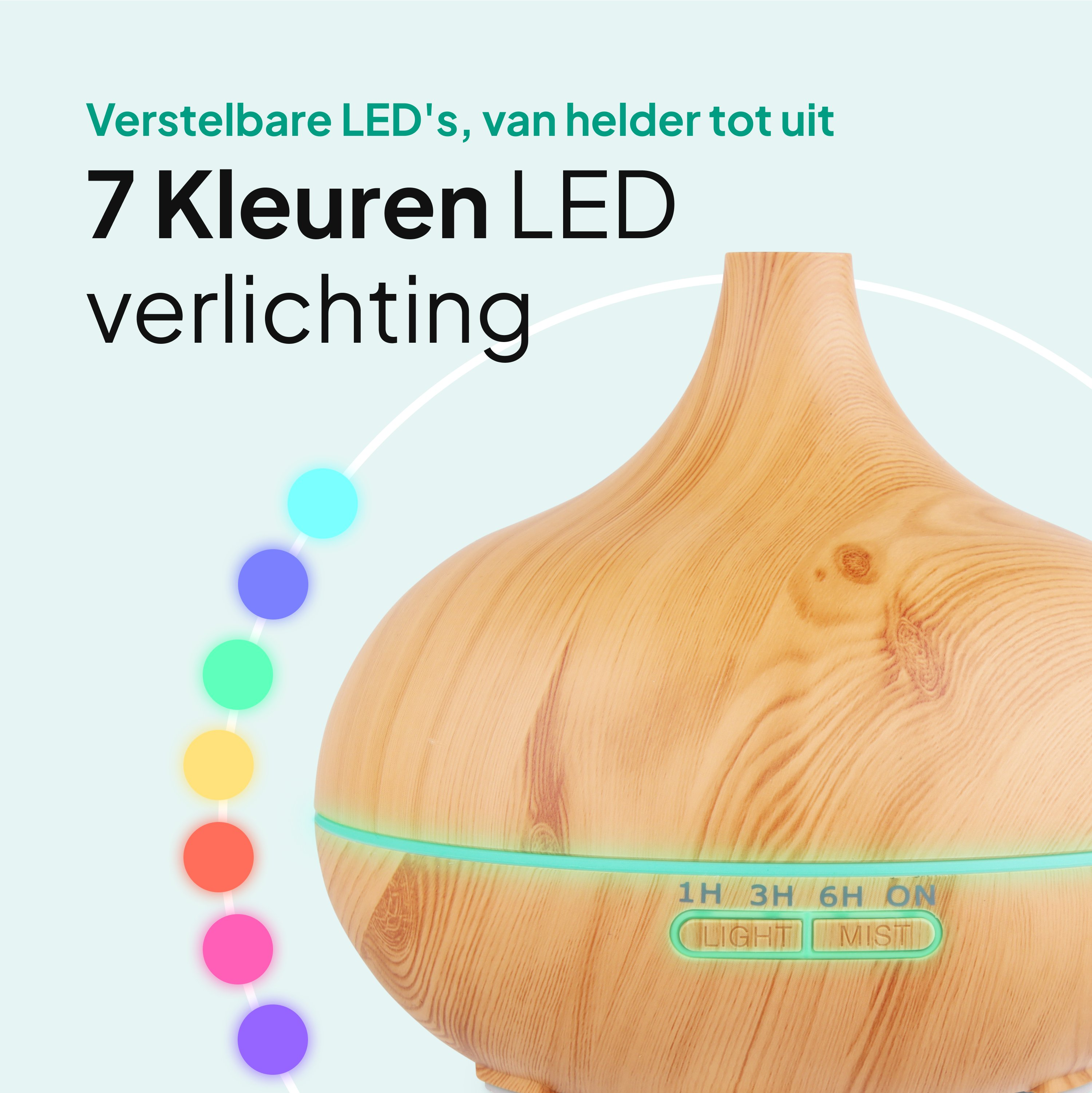 Een aromaverspreider met houtnerf design. Voorzien van 7 kleuren LED-verlichting, met bedieningsknoppen voor licht en mist. Tekst in het Nederlands.
