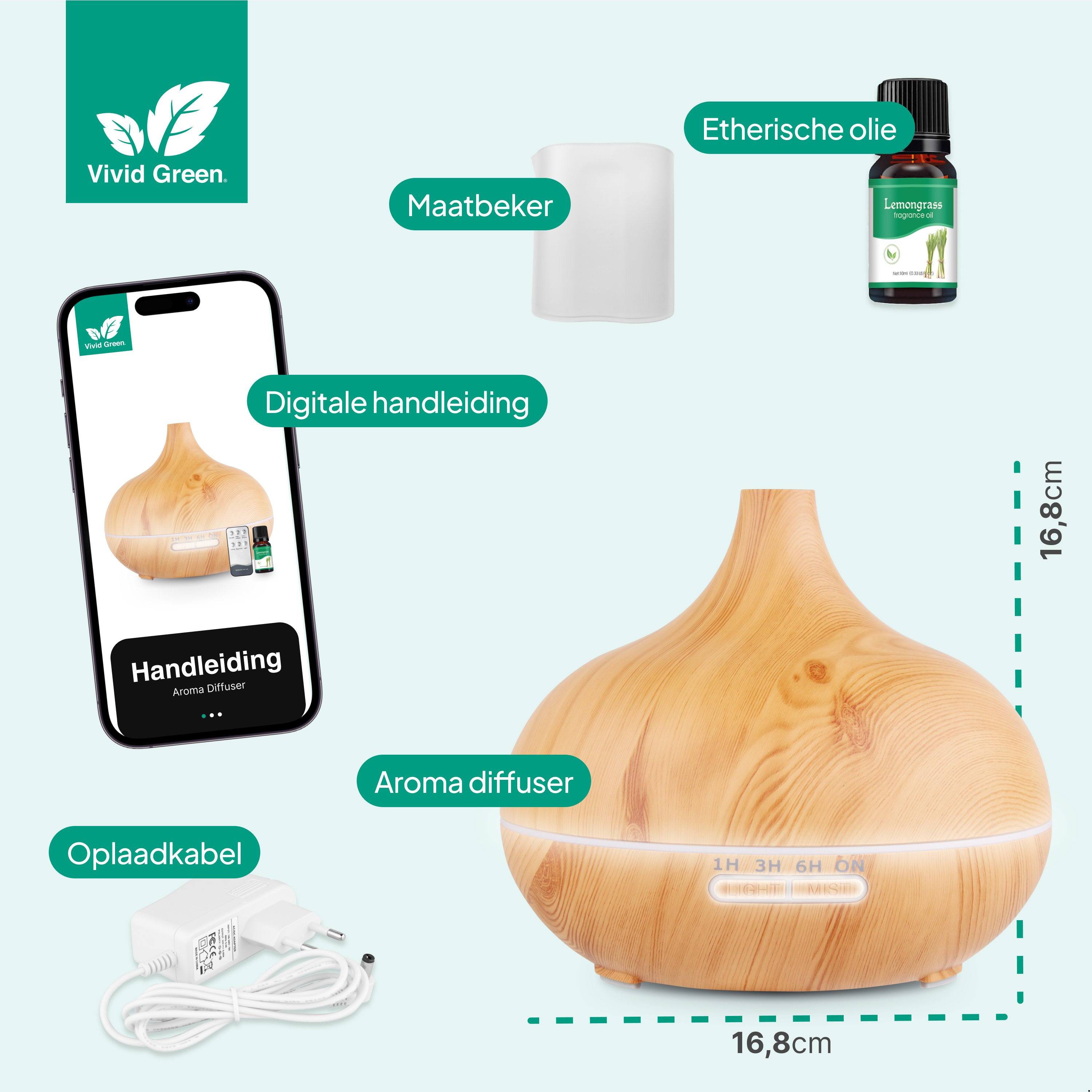 Afbeelding toont een aromaverspreider met accessoires, waaronder olie en oplader, en een smartphone met een gebruikershandleiding.