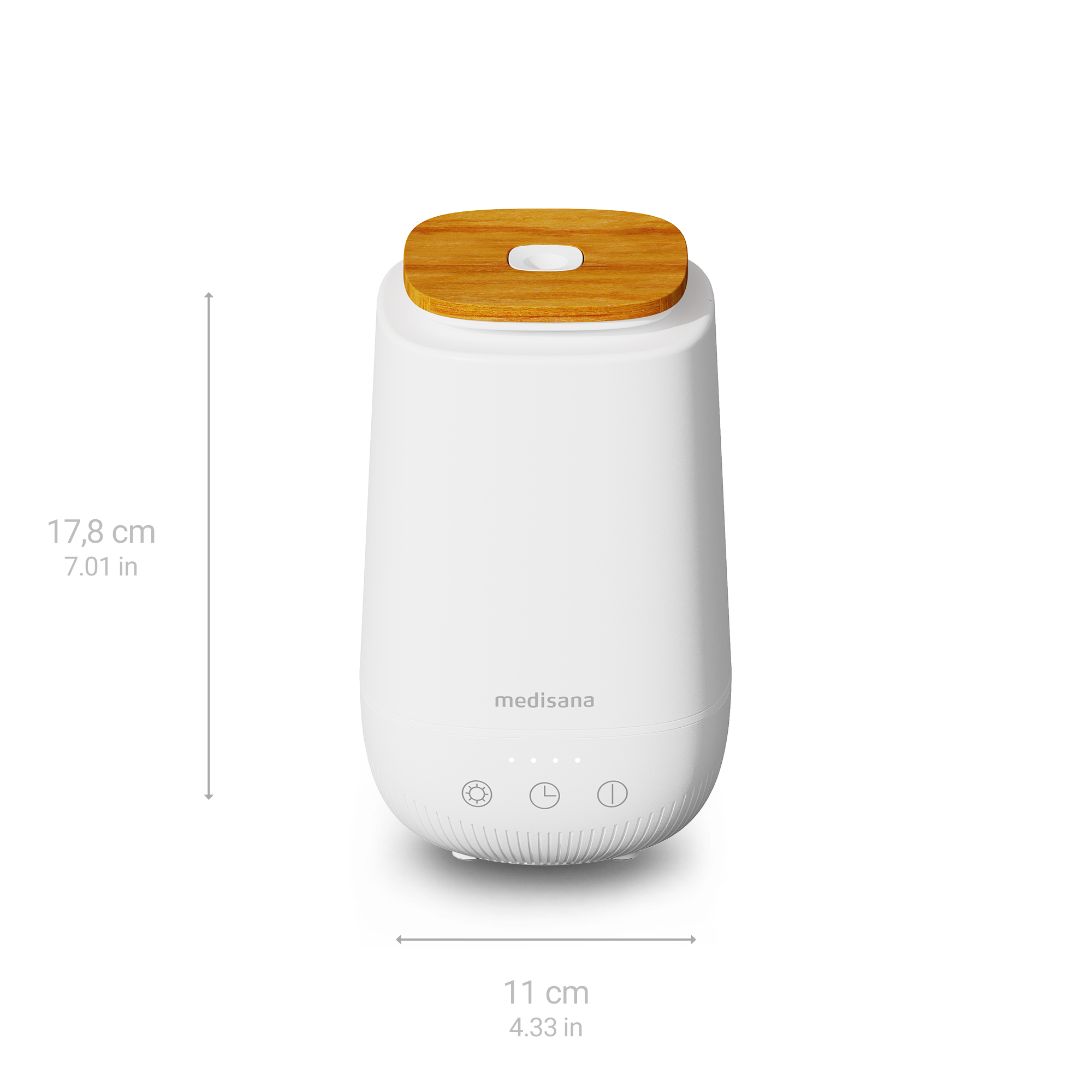 Diffusore di oli essenziali bianco con top in legno. Dimensioni: 17,8 cm altezza, 11 cm larghezza. Logo Medisana visibile.