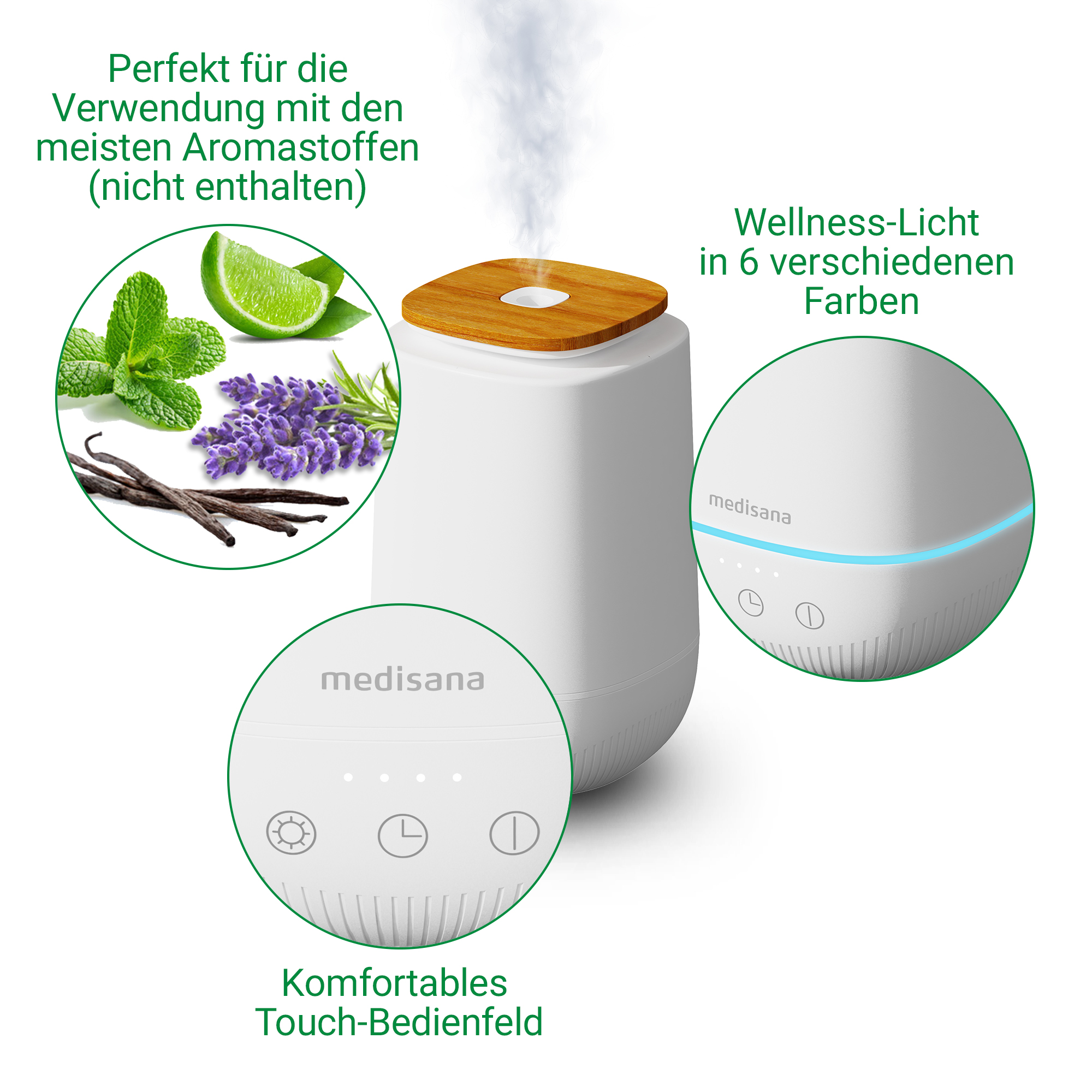 Un diffusore di aromi bianco con top in legno. Ha un pannello a sfioramento. Erbe aromatiche e un lime sono nell'immagine.
