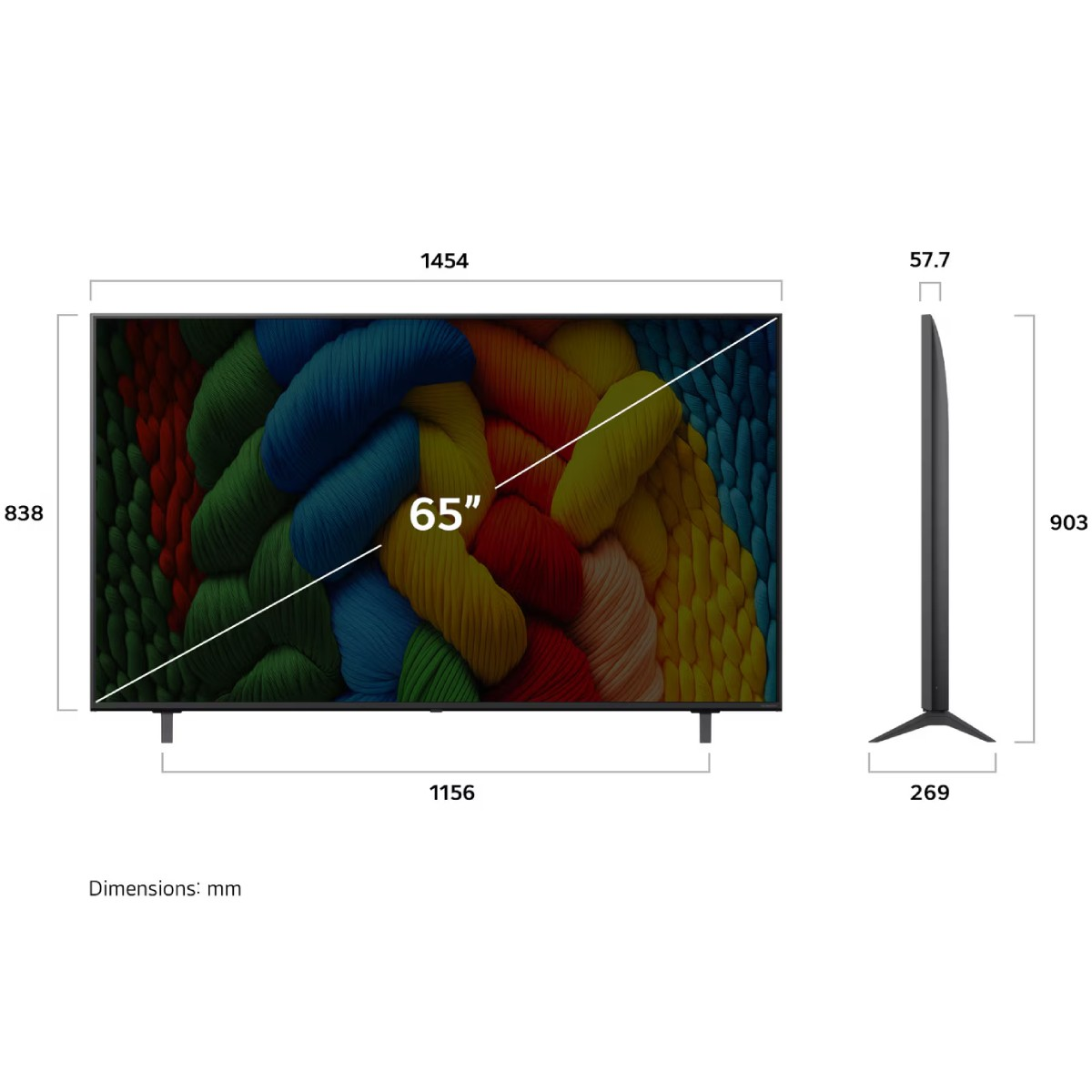 Wyświetlacz 65-calowego telewizora z wymiarami w mm. Na ekranie kolorowe zbliżenie przeplatanych nici. Wymiary telewizora są oznaczone.