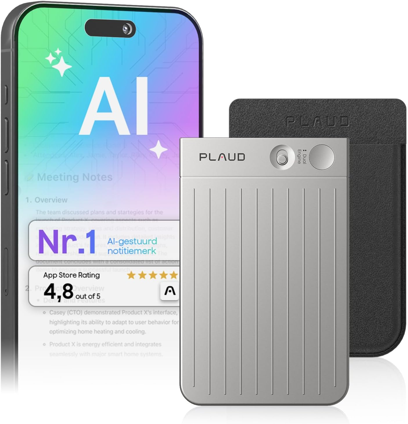 Un téléphone affichant « IA » et des notes de réunion est posé à côté d'un appareil argenté avec la marque « PLAUD ». Un étui noir est derrière.