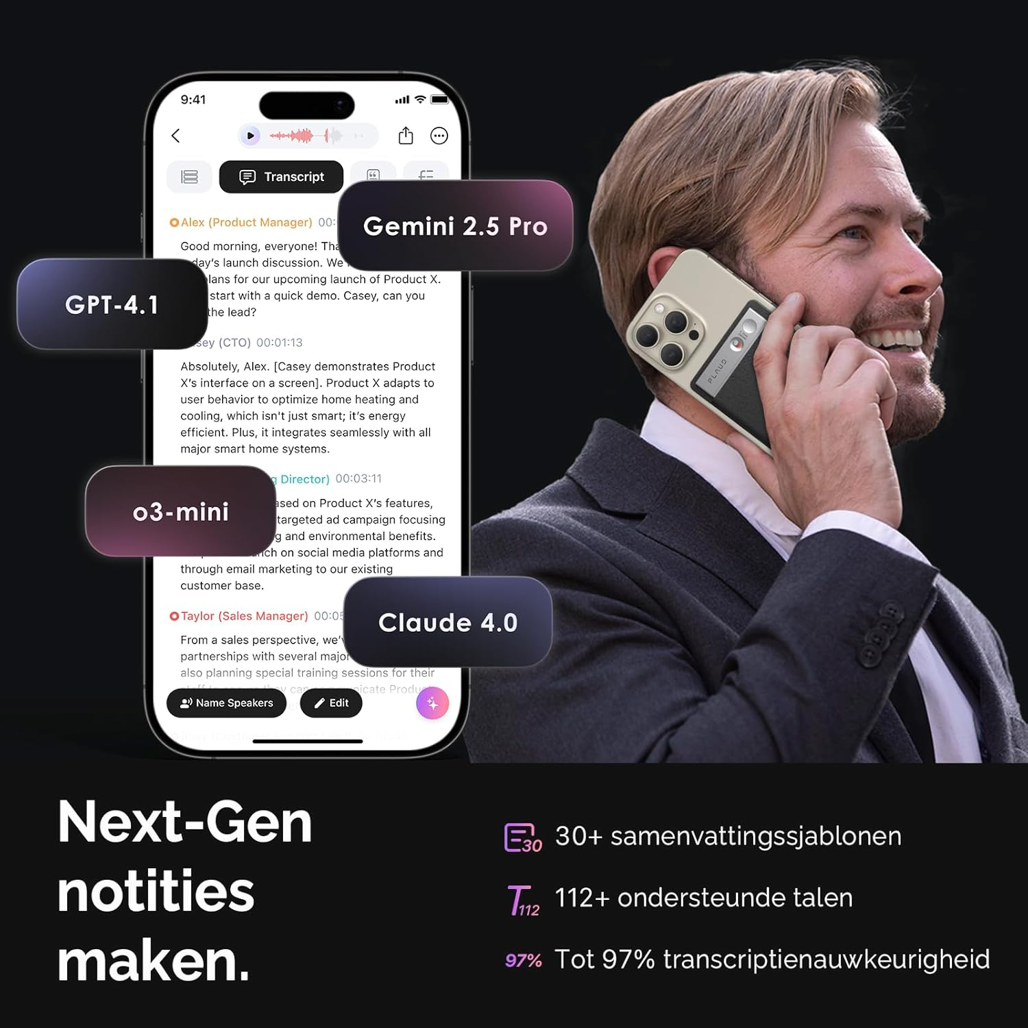 Een man houdt een telefoon aan zijn oor, lachend. Een telefoonscherm toont een transcript. Tekstballonnen zeggen GPT-4.1, Gemini 2.5 Pro, Claude 4.0.