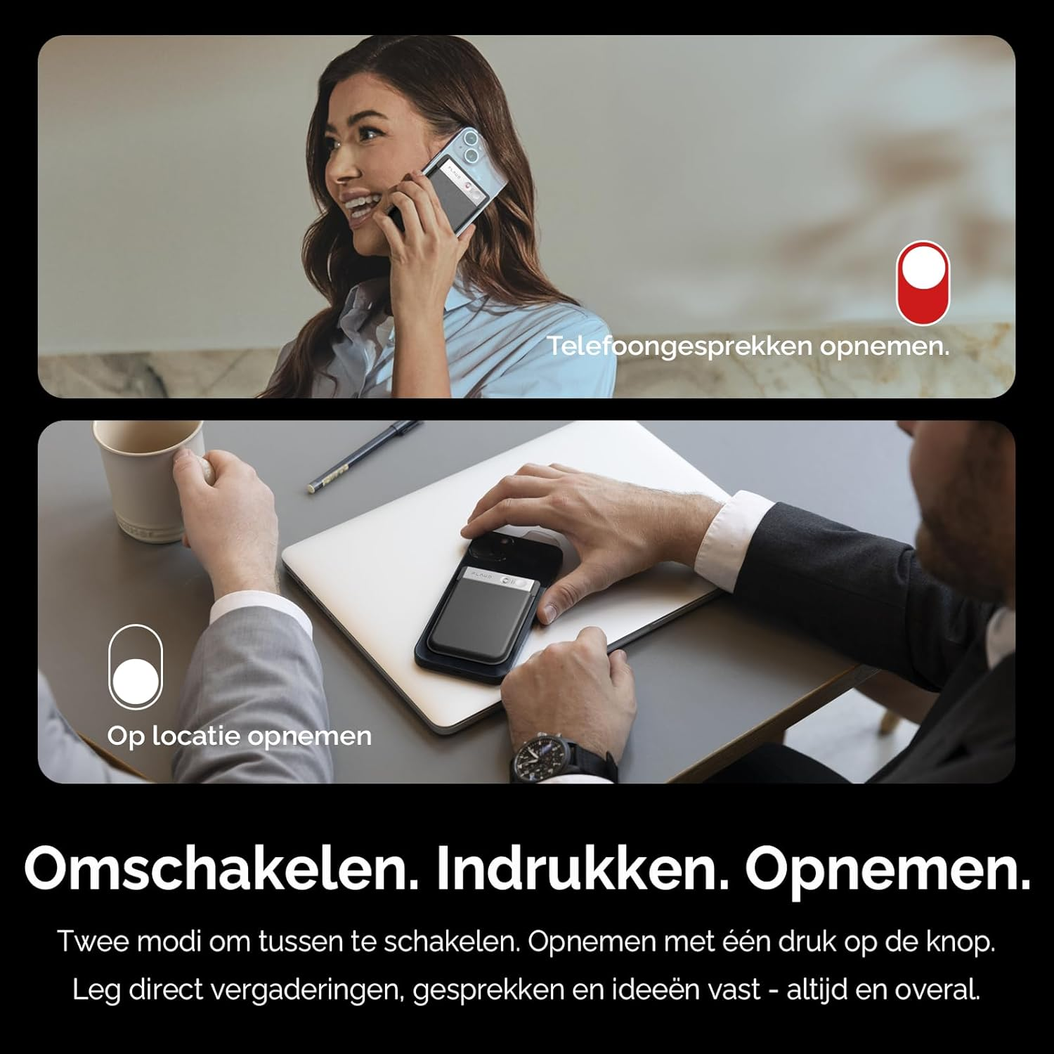 Vrouw telefoneert. Man werkt op laptop. Pictogrammen voor het opnemen van telefoongesprekken en locatie.