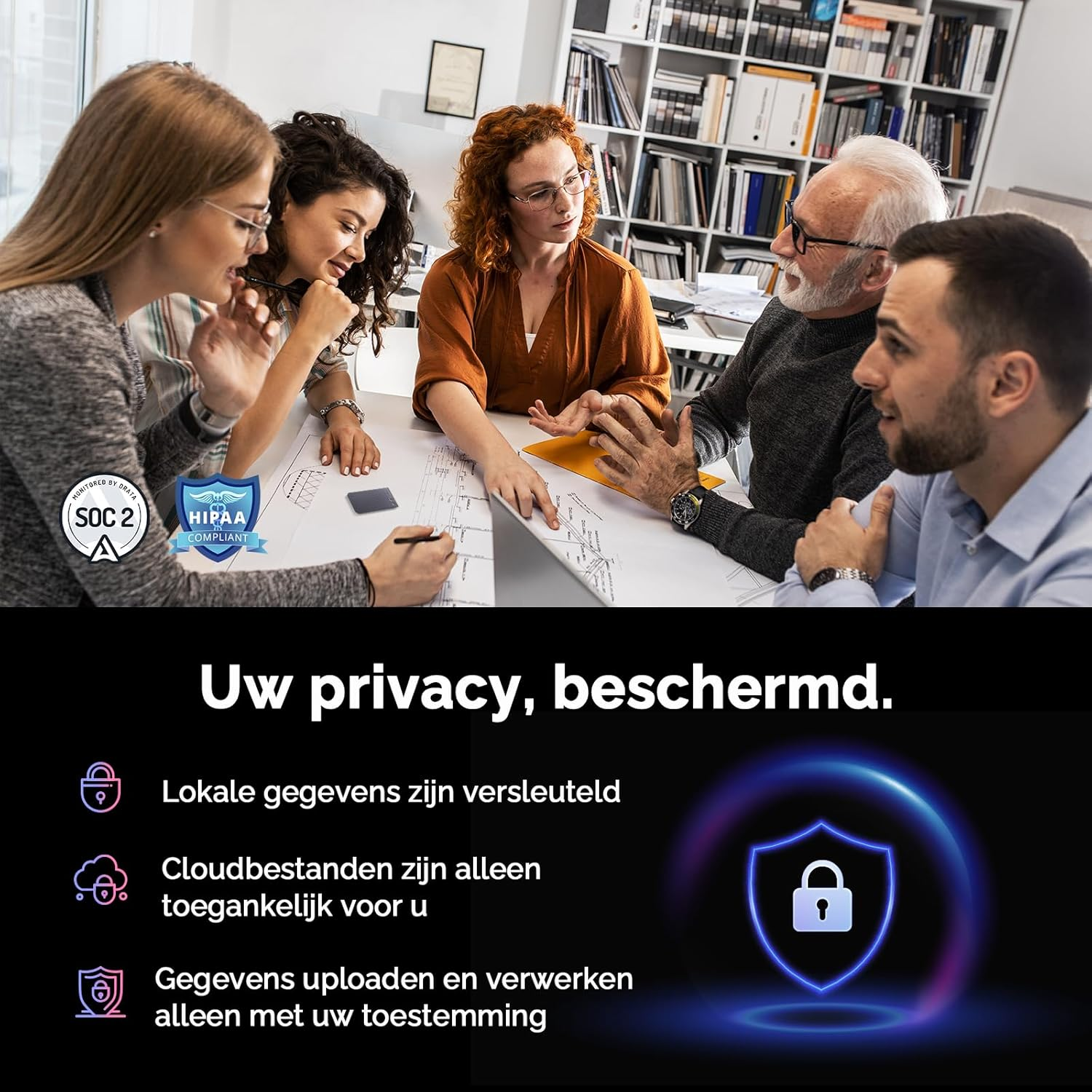Groep mensen die aan tafel discussiëren. Tekst: Uw privacy, beschermd. Iconen met tekst over gegevensversleuteling en cloudtoegang.