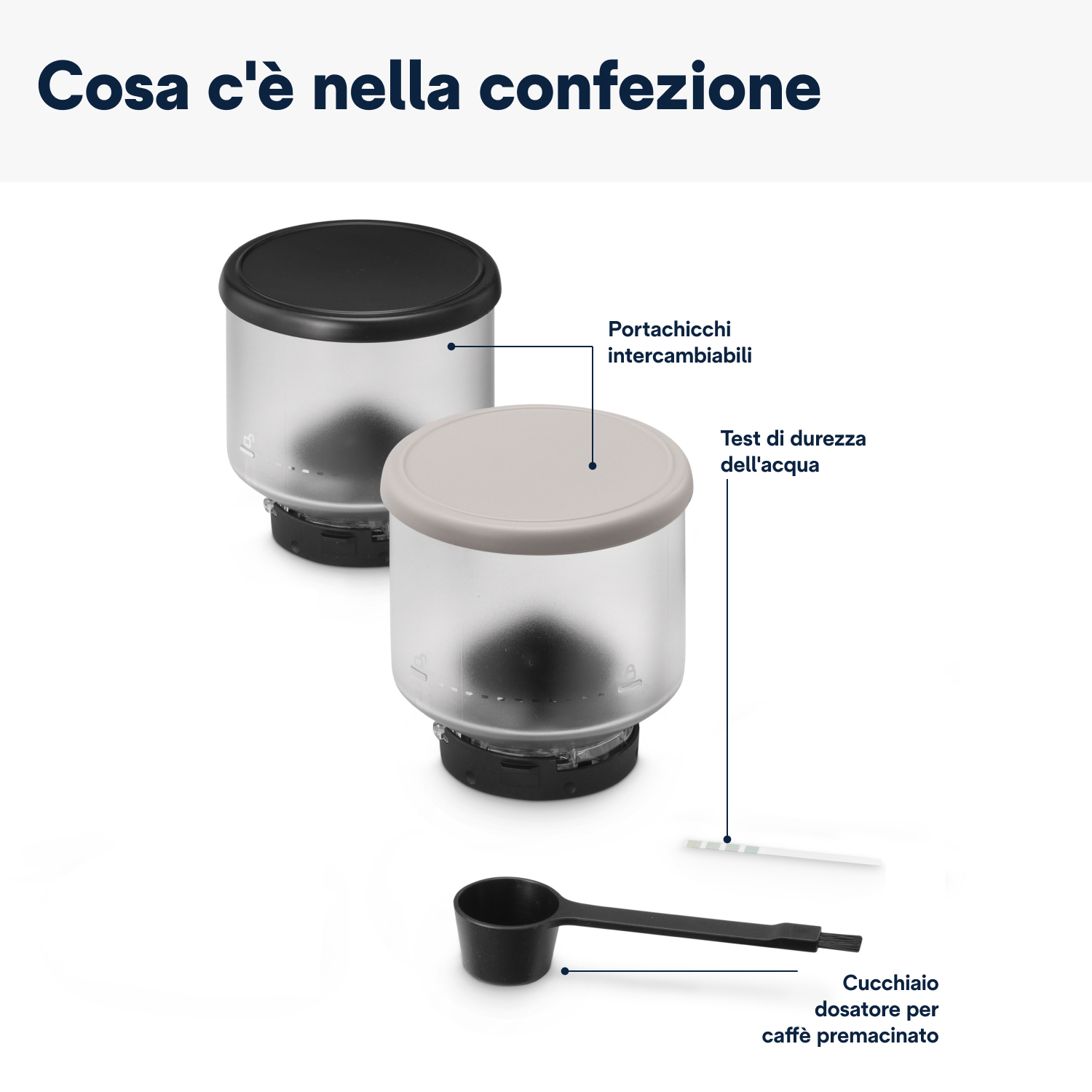 Zdjęcie przedstawia zestaw do ekspresu do kawy z dwoma pojemnikami, łyżką miarową i paskiem testowym twardości wody na białym tle.