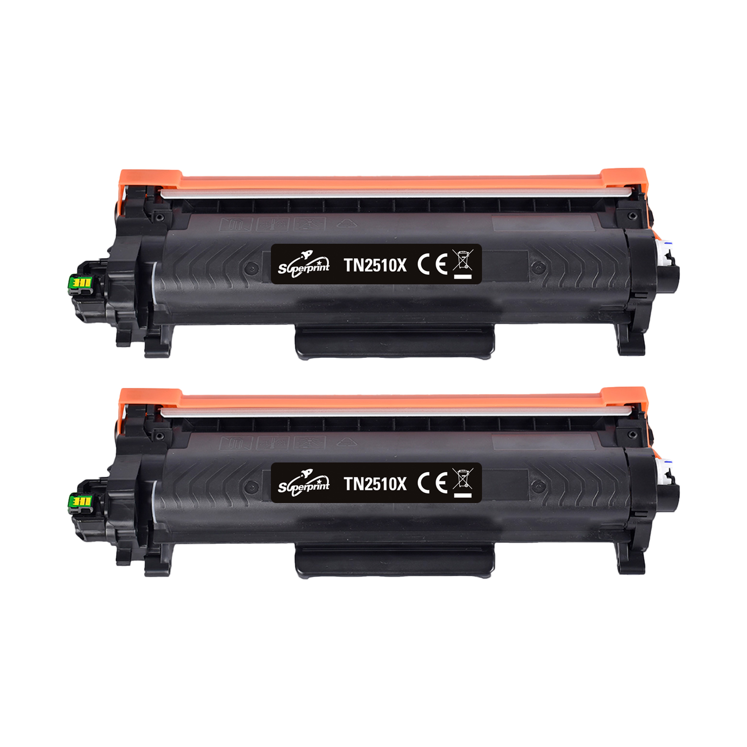 Deux cartouches de toner noires avec des accents orange sur fond blanc. Chacune a une étiquette 'Superprint TN2510X'.