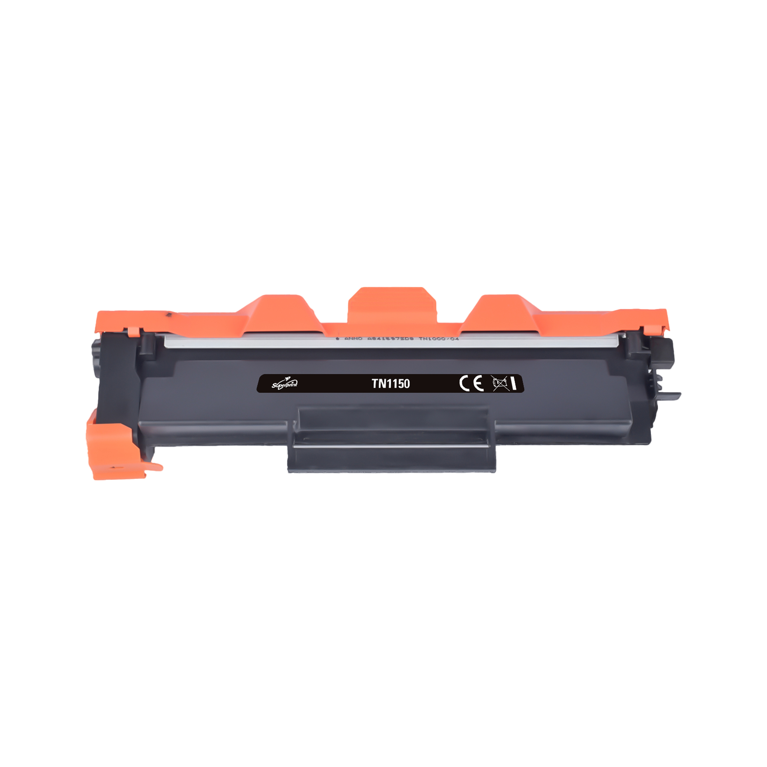 Une cartouche de toner d'imprimante est montrée. Elle est noire et orange, avec le texte TN1150.