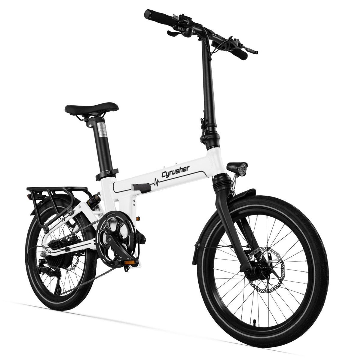 Biało-czarny składany rower elektryczny. Ma czarne opony i czarne siodełko. Marka 'Cyrusher' jest widoczna na ramie.