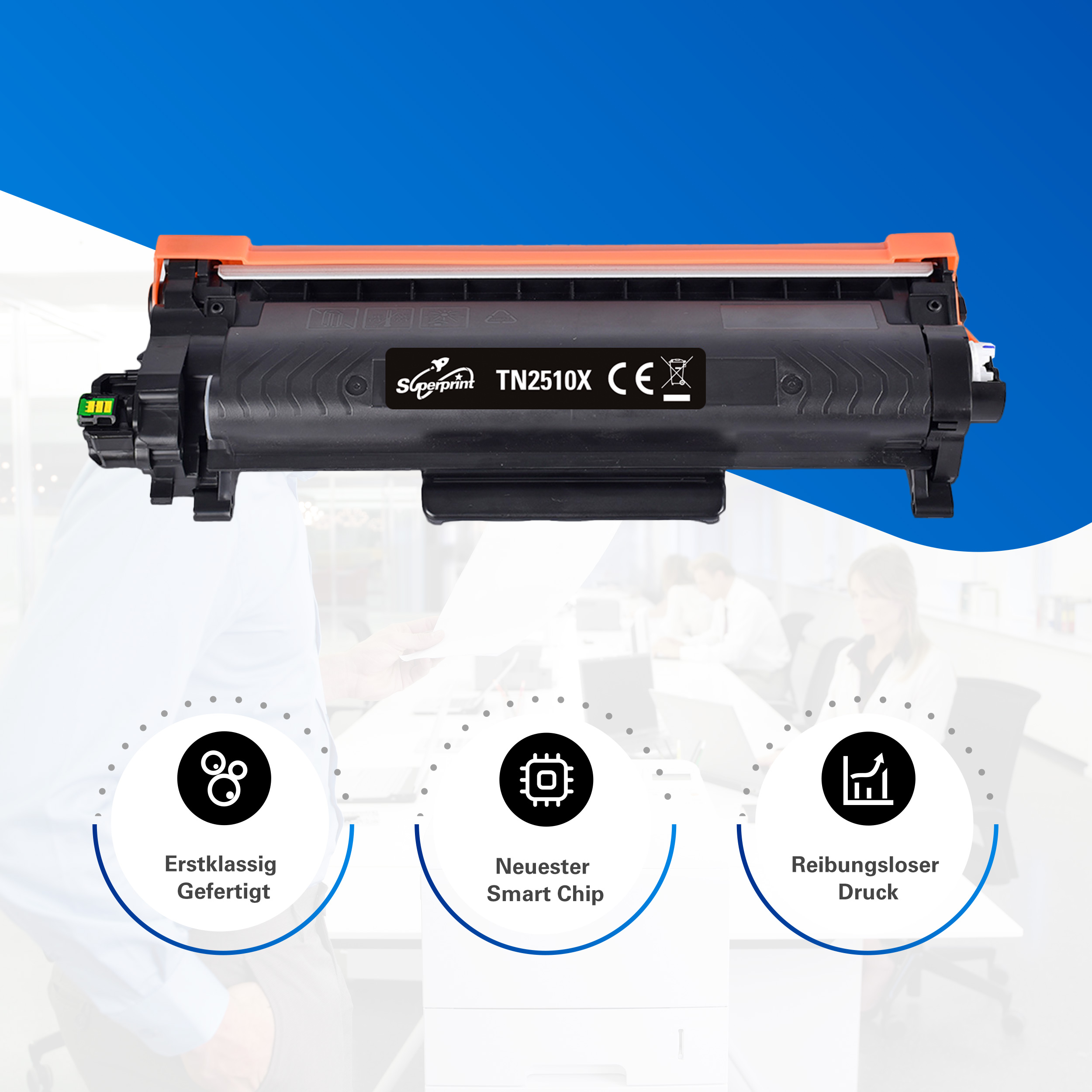 Une cartouche de toner avec des accents oranges, marque Superprint, modèle TN2510X et trois icônes circulaires avec du texte.