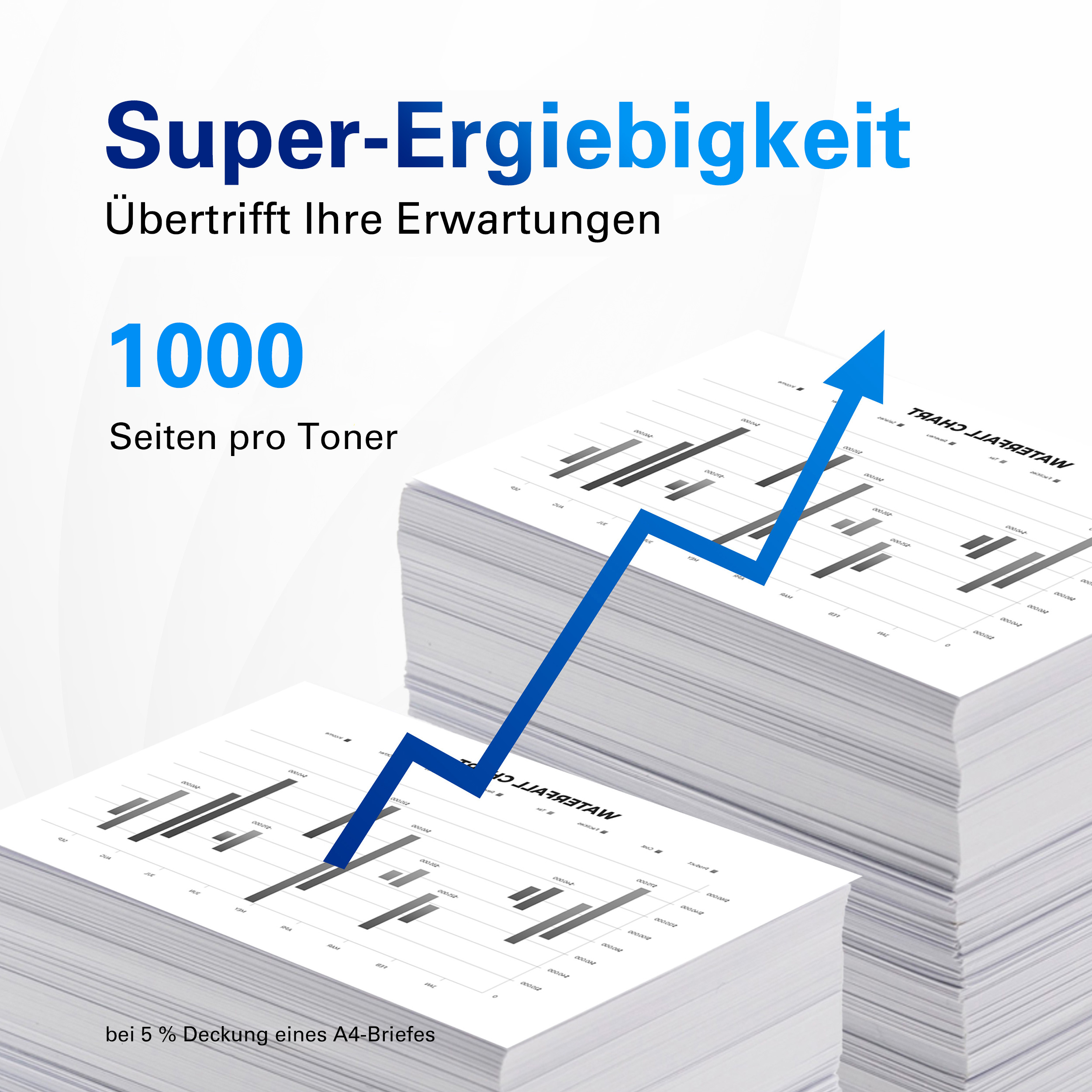 L'image montre des piles de papier avec des graphiques et une flèche bleue. Texte: Super-Ergiebigkeit, 1000 Seiten pro Toner.
