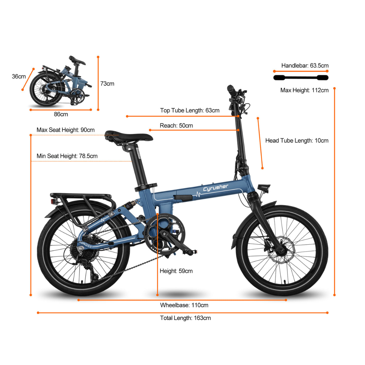 Niebieski składany rower Cyrusher z oznaczonymi wymiarami. Zawiera pomiary kierownicy, wysokości i długości.