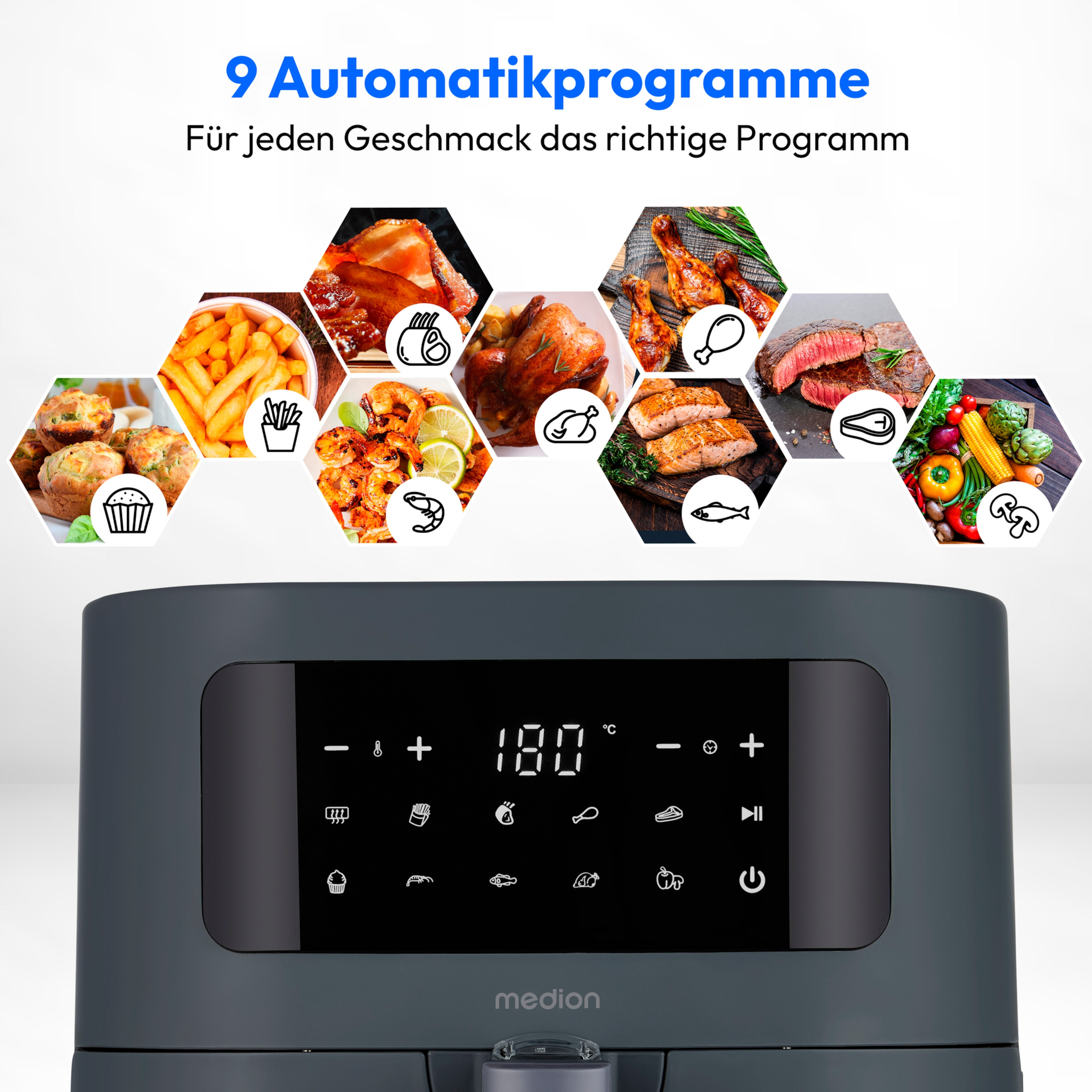 Een airfryer met een digitale display. Het geeft 180°C weer. Boven staan afbeeldingen van verschillende gerechten. Tekst: 9 automatische programma's.