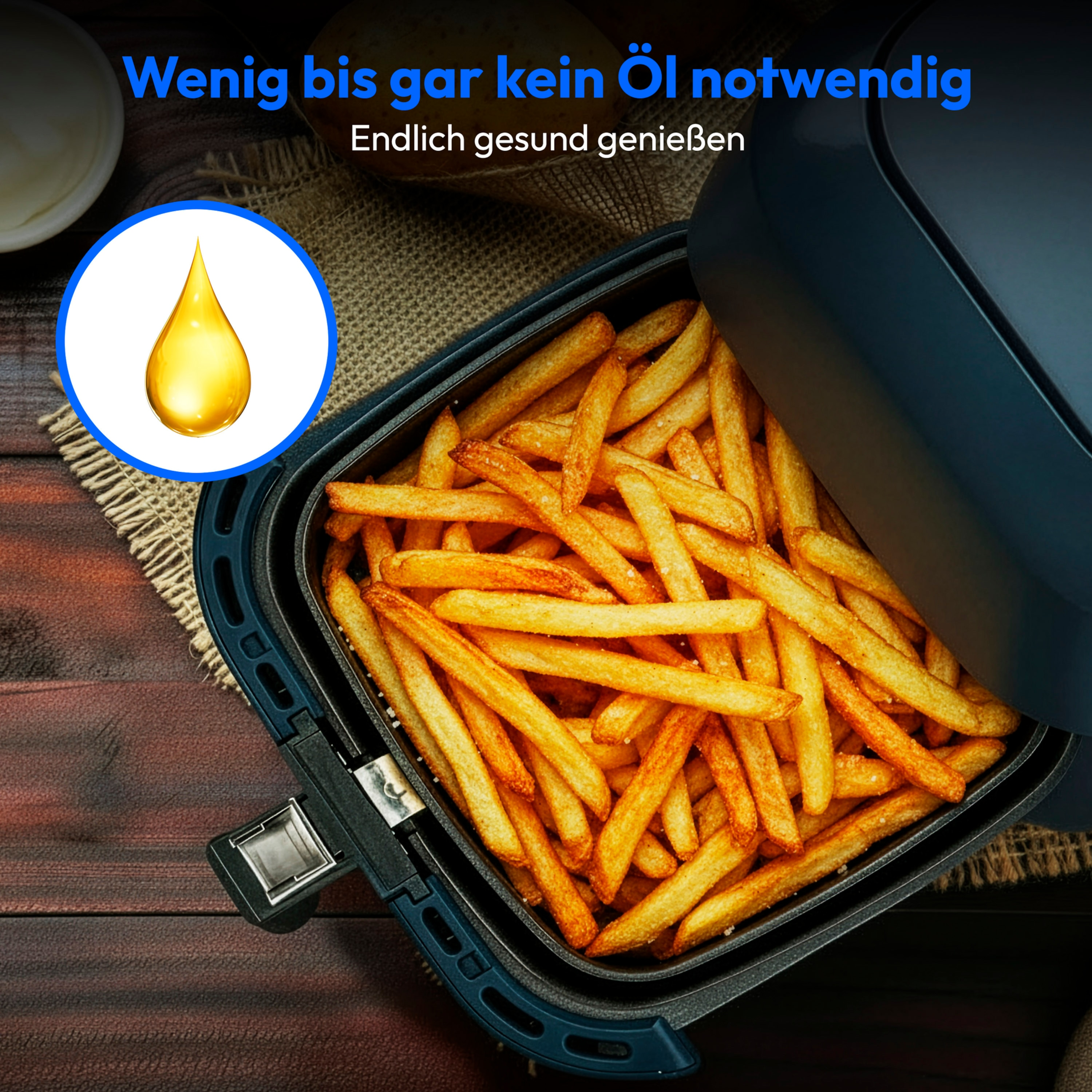 Een airfryer met friet. Een druppel olie. Tekst zegt: 'weinig tot geen olie nodig'.