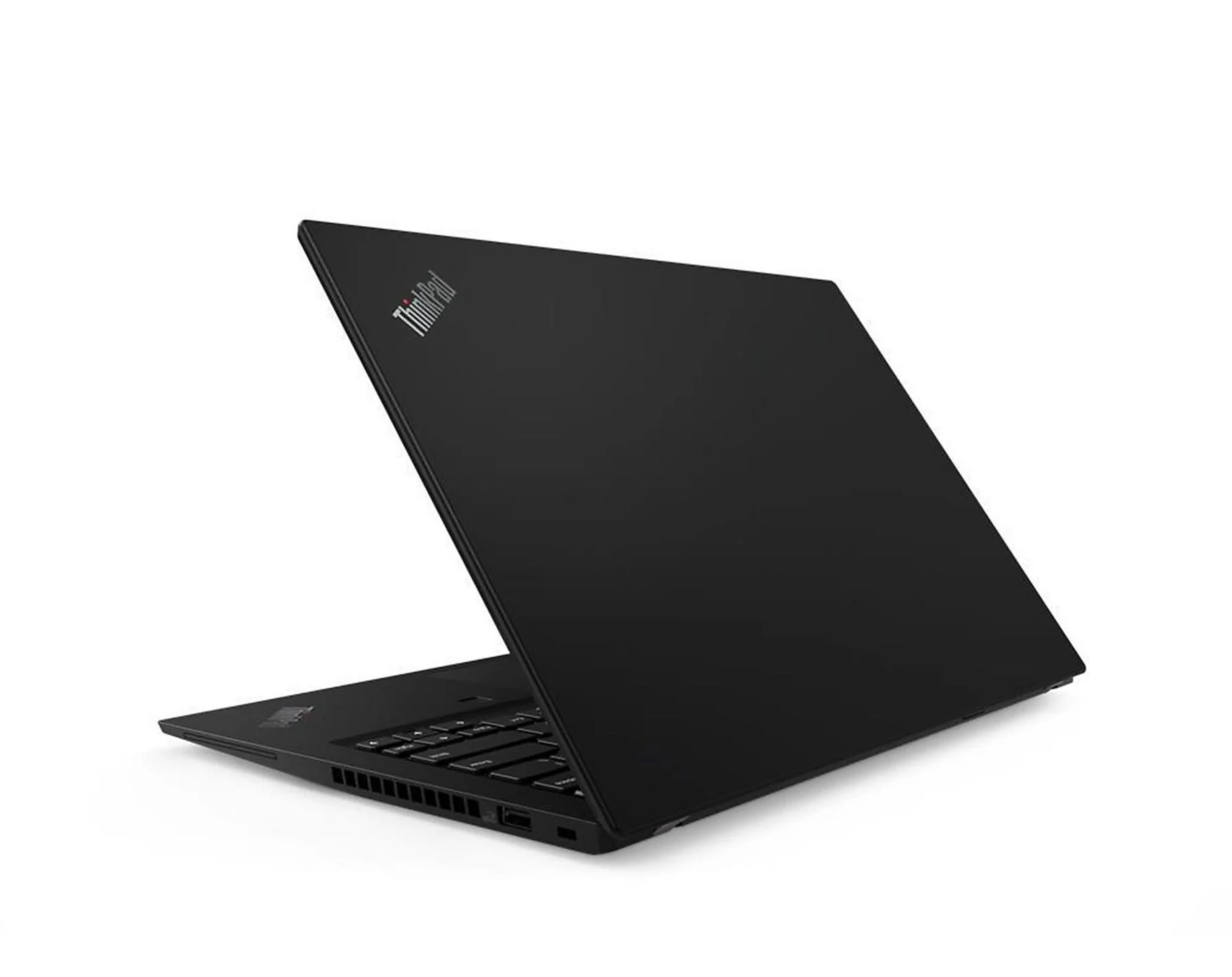 Ein schwarzer ThinkPad-Laptop ist leicht geöffnet und zeigt die Tastatur. Der Hintergrund ist schlicht weiß.