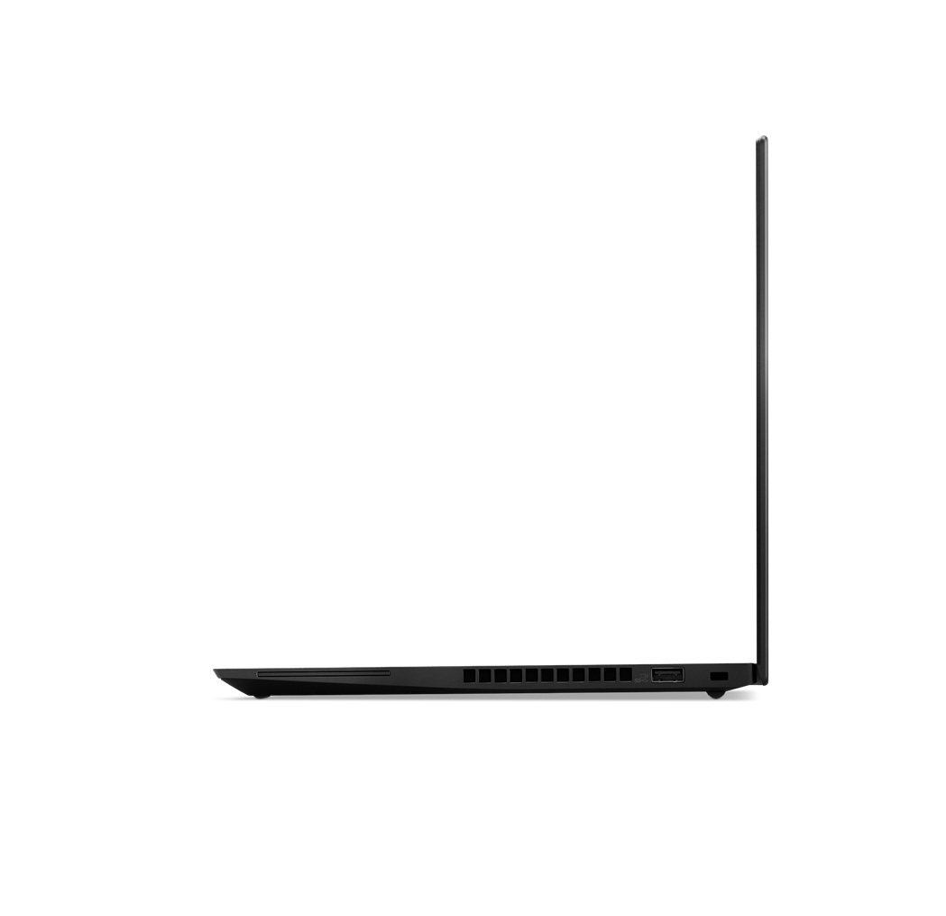 Seitenansicht eines schwarzen Laptops. Der Bildschirm ist im 90-Grad-Winkel geöffnet. Anschlüsse sind an der Seite sichtbar.
