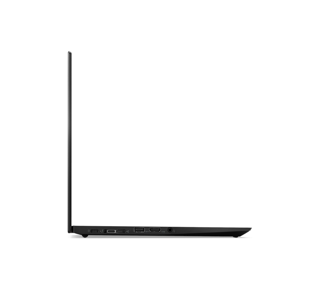Seitenansicht eines schwarzen Laptops. Der Bildschirm ist geschlossen. Verschiedene Anschlüsse sind sichtbar, darunter USB und HDMI.