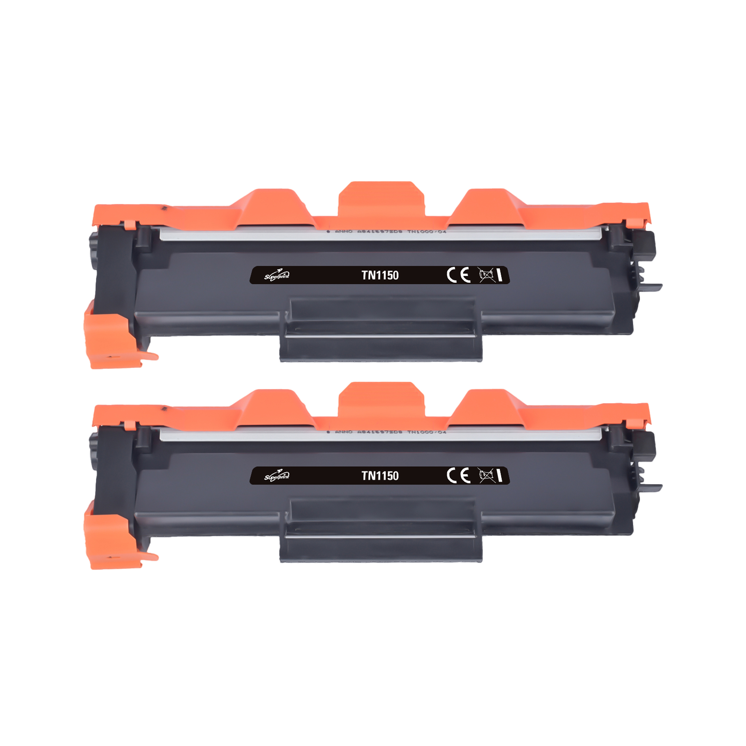 Twee printertonercartridges met oranje accenten en de tekst TN1150 op een witte achtergrond.