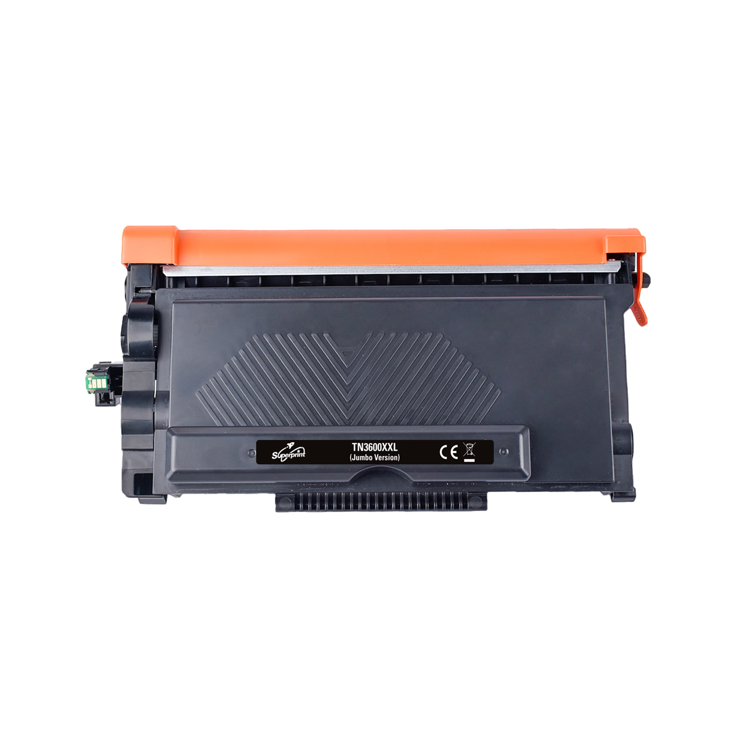 Une cartouche de toner noire et orange. Elle comporte des étiquettes avec du texte et des logos, sur fond blanc.
